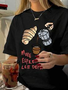 Women's Summer Top T-Shirt, Coffee Pattern, Bread Pattern, Cartoon Cute Pattern Print, Women's Loose Summer Wear, Women's Summer Short Sleeve, Summer Dress, Holiday T-Shirt, Daily T-Shirt, Detail Round Neck Short Sleeve, All Seasons Suitable