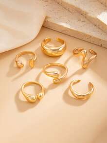 6 件套 Ins 风格亮面水滴拥抱开口戒指，液态金属皱纹不对称交叉指环，适合派对、礼物、日常佩戴 - 金色 - 查看 3