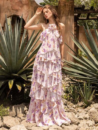 Faeriesty BohoBloom Women's Backless Maxi Dress: Backless Design With Adjustable Tie Straps, Decorated With 3D Floral Appliques And Layered Ruffle Hem. Suitable For Casual Outings, Beach Vacations, Weekend Getaways, And Garden Parties.