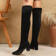 Kozaki za kolano dla kobiet, dopasowany krój, elastyczna cholewka, wysoka cholewka, gruby obcas, szpiczasty nosek, nowe, uniwersalne, wysokie kozaki, futrzane oficerki