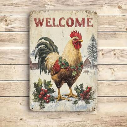 An Antique Metal Sign, The Metal Tin Sign Welcoming The Christmas Rooster - Suitable For Vintage Metal Wall Decorations In Kitchens, Living Rooms, And Bedrooms - Very Suitable For Holidays And Thanksgiving, 8x12 Inches, Waterproof And Moisture-Proof Decoration, Very Suitable For Indoor Walls, Universities, Bathrooms, Caves, Bars, Cafes, Garages, Farmhouses And Gardens, Boy's Alcove - Black Vintage Poster Gift, Room Decoration, Styles Are Random
