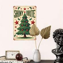 1 peça de mural metálico retrô "brilhante" - Impermeável, estilo rústico, com design de árvore de Natal com estrelas vermelhas e espinhos, ideal para cafés, bares ou decoração de casa. Decoração para cafés | Design natalino retrô | Placa de metal durável, decoração de mural metálico, estilos aleatórios, furos pré-perfurados com designs aleatórios.