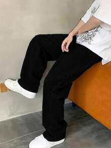 1pc Men's Black Straight Slim-Fit Versatile Jeans, Comfortable Casual Workwear Denim Pants, Suitable Gift For Husband Or Boyfriend - Black - View 2