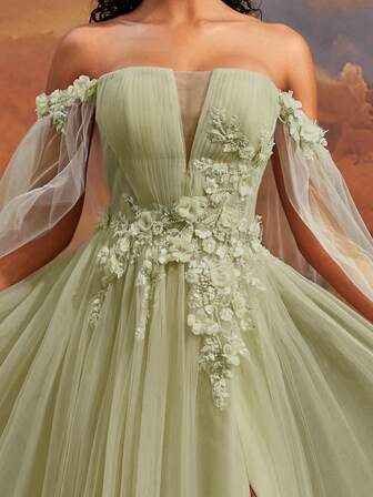VIPGIRL Elegant Green Off-Shoulder Long Tulle Gown, 3D Floral Appliques High Slit Evening Dress, Women Formal & Evening Dresses, Dreamy Princess Prom Gown, Glamorous Party Dress