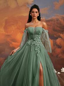 VIPGIRL Off-Shoulder Green Sheer Evening Gown, Decorated With Floral Appliques, Romantic Formal Dress, Fairy Princess Formal Gown, High Slit Dress, Garden Wedding Guest Dress, Elegant A-Line Sheer Dress - Green - View 8