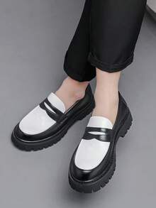 2025 New Men's Formal Slip-On Loafers [ Street Style], Black & White Patchwork Thick Sole Loafers, British Style Slip-On + Premium Leather Patchwork, Unique Serrated Outsole For Height Increase & Slimming, Suitable For Casual, Business And Various Styles