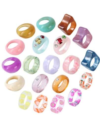 Un conjunto de 20 anillos de resina de moda y diversos de estilo europeo y americano, adecuados para el uso diario en otoño e invierno, un regalo para amigos