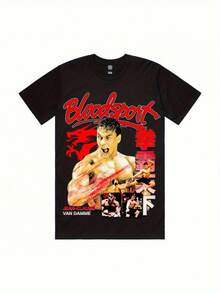 Men's Vintage Action Movie Graphic T-Shirt - Bloodsport Martial Arts Design Tee With Van Damme, Black & Red Retro Fighting Shirt For Gym, Cosplay, Casual Wear - Machine Washable Regular Fit Adult Top, Streetwear Fashion, Bold Print, Highquality Print, Statement Apparel, Fitness Enthusiasts - 黑色 - 查看 8