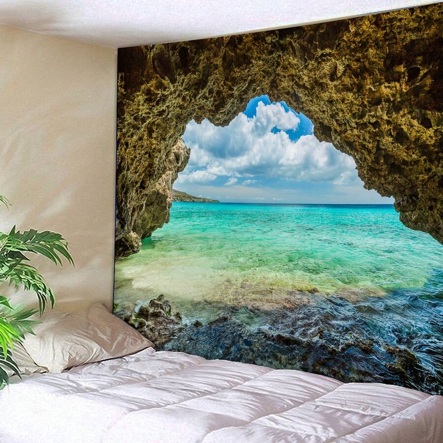 1Pc 2D Flat Extra Large Summer Blue Sky And Ocean View Tapestry,Tropical Beach Scene With Lush Greenery And Turquoise Waters, Polyester Wall Hanging For Living Room, Bedroom, Office, Or Party Decor,Beach Theme Decor - 樣式 1 - 查看 1