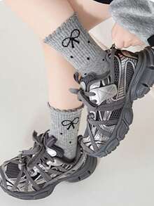 5双春秋冬儿童袜子，黑色，白色，灰色，波点，蝴蝶结袜子，百搭，休闲运动女童袜 - 彩色 - 查看 7