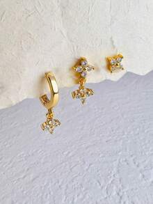 3件套14K镀金花朵吊坠耳环，精致小巧，可叠戴，适合多个耳洞，镶嵌可爱立方氧化锆花朵耳钉，轻盈低敏，耳骨耳环，女士/女孩饰品 - Gold-6# - 查看 4