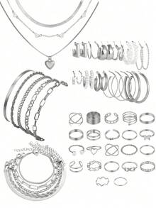 54 piezas/108 piezas Conjunto de joyas con corazones, flores y mariposas de perlas falsas y cristales, incluyendo anillos, aretes, collares y pulseras para mujeres, regalo para citas, vacaciones y uso diario (sin caja) (el tamaño real del artículo puede diferir ligeramente de la imagen) - Conjunto de joyas - Ver 3