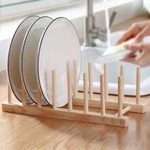 1pc Dish Storage Rack, Dish Rack, Kitchen Drainer, Kitchen Organizer For Plates, Dishes, Bowls, Cups, Pot Lids & Cutting Boards, Shelving, Home Kitchen Accessory - Wood Color - View 7