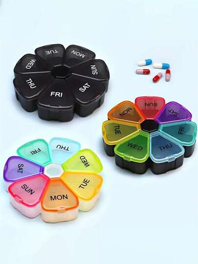 1 Stück 7-Tage 7-Fach Großraum PP Pillenbox, tragbarer Einmal-am-Tag Reise Pillen/Vitamin/Fischöl Organizer, blütenförmige transparente 7-Farben Pillenbox, Medikamentenaufbewahrungsbox
