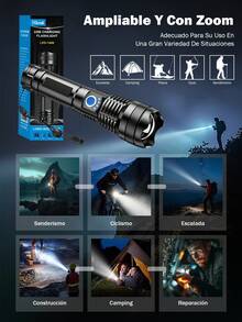 Linterna portátil multifuncional LED para exteriores, con batería de litio y material de alta resistencia, 5 modos, linterna recargable con zoom, batería externa para cargar teléfonos, pantalla del nivel de batería en tiempo real, adecuada para uso en exteriores, hogar, senderismo, ciclismo, pesca, coche, iluminación de emergencia - Negro - Ver 9
