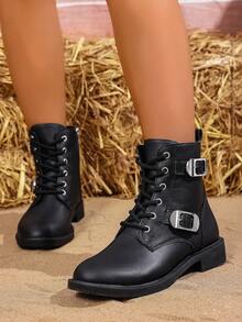 Women's Side Zipper Lace-Up Double Buckle Decor Boots, Solid Color Chunky Heel Short Boots, Preppy Style Side Zipper, Suitable For Autumn/Winter