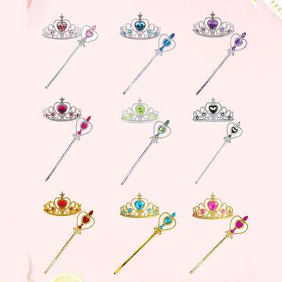 2pcs Ice Princess Crown & Heart Magic Wand Combo, Children Cosplay Princess Role Play Headband & Fairy Wand