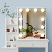 Dressing Table With Mirror And Lighting, Makeup Dressing Tables With 4 Drawers, 4 Open Shelves For Bedroom, Dressing Table Set With Lights And Stool 3 Concealed Shelves - White - View 9