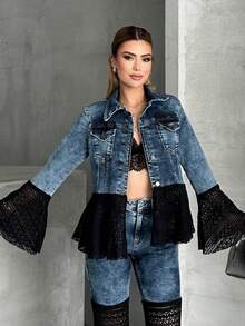 Women's Casual Pocket Front Button Thin Patchwork Jean Jacket, College Style - Blue - View 5