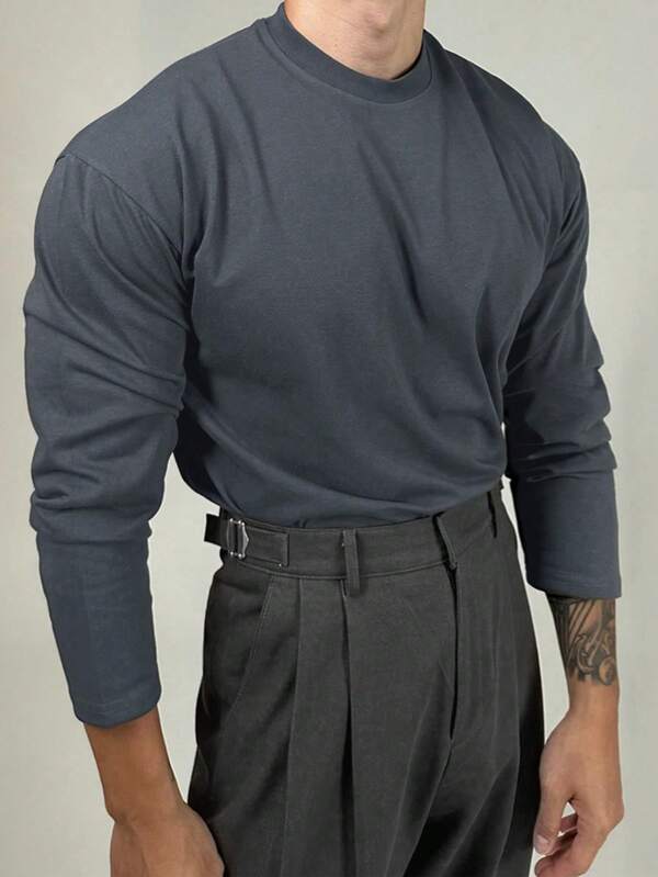 Men's Solid Color Crew Neck Long Sleeve T-Shirt, American Style Heavyweight Fitness Casual Undershirt, Spring & Autumn