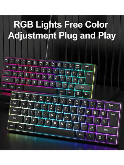 لوحة مفاتيح ميكانيكية بإضاءة RGB خلفية من 61 مفتاح، ذات إحساس ميكانيكي، ذات لونين مع غطاء مفاتيح مصبوب بالحقن، واجهة USB للتوصيل والتشغيل، مناسبة للألعاب والمكتب والاستخدام المنزلي، كابل USB قابل للإزالة، مناسبة لأجهزة الكمبيوتر والألعاب بنظام ويندوز وPS وONE