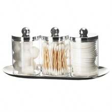 2/3 包 Qtip 支架浴室套装，带金色/银色托盘，亚克力塑料药剂罐，Qtip 分配器罐，带盖