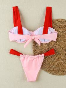 新款春夏性感休闲优雅红粉撞色沙滩度假派对约会比基尼泳装，女士度假必备 - 彩色 - 查看 3