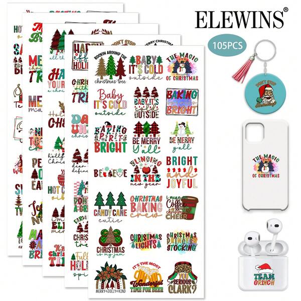 ELEWINS UV DTF Sticker - 105 Pcs Christmas Quotes Stickers For Water Bottle,Cups, Laptop, Tumbler, Phone Case - Pastel For Kids, Girls & Adults