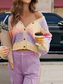 Women's Autumn Sweater Cardigan Long Sleeve V Neck Button Up Contrast Color Knitwear