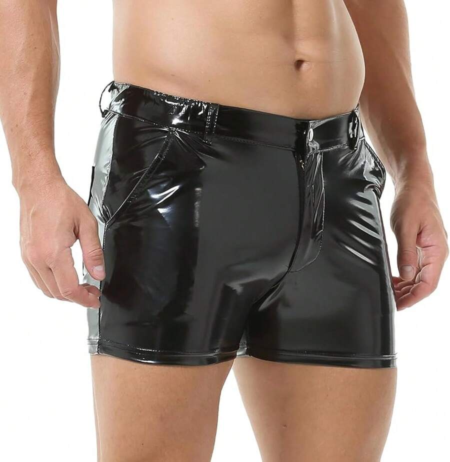 Men's PU Leather Shorts Flat Front Boxer Short Pants Casual Straight Leg Hot Shorts With Pocket & Zipper - 3#亮黑色 - 查看 1