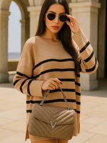 Women's Striped Sweater Knitwear Cold Weather Round Neck Long Sleeve Poncho Autumn/Winter Fashion Casual Stylish Knitwear - 裸體 - 查看 1