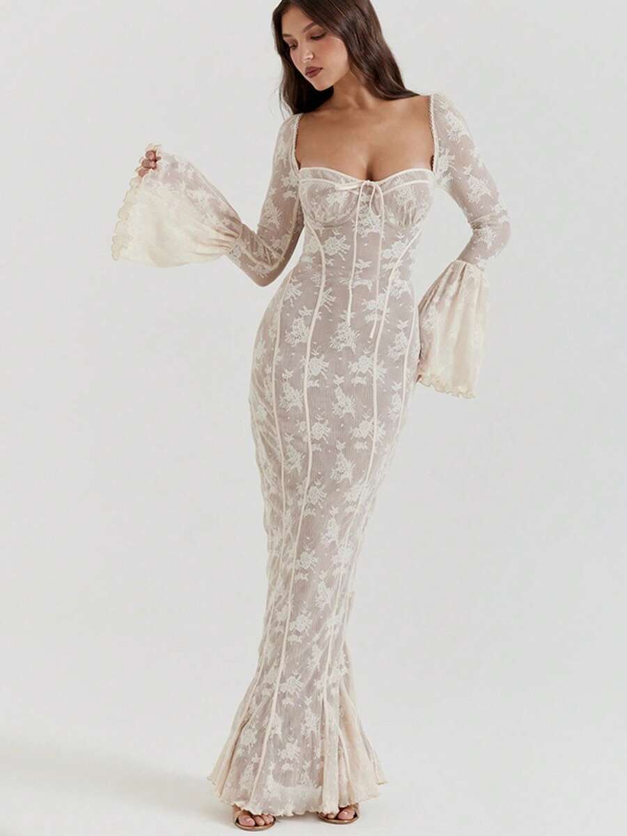 The New Flared Sleeve Sexy Lace Strapless Long Dress Is A Fashionable And Hot Girl's Backpack-Hugging Dress - White - View 1