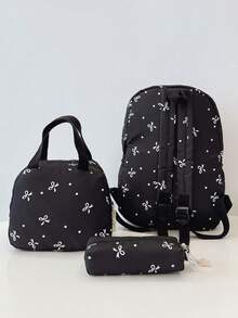 三件套休闲学院风蝴蝶印花背包套装，包含背包、午餐包、斜挎包和带笔记本电脑隔层的笔袋，配有可调节肩带、多口袋大容量多功能书包套装，适合女性/女孩/青少年/大学生/毕业生日常使用/度假/旅行/返校，可爱蝴蝶图案背包 - 黑色 - 查看 5