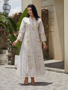 女士刺绣网眼立领亮片长袖连衣裙，优雅的 Jalabiya - NC03 - 查看 4