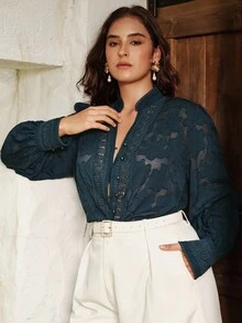 Anewsta Áo cánh tay dài cổ đứng họa tiết hoa jacquard thanh lịch cỡ lớn cho nữ, trang phục đi nghỉ và năm mới - Xem 5