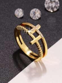 1pc Fashion Geometric Cross CZ Decor Double Layer Ring, Suitable For Daily Wear & Decoration For Women