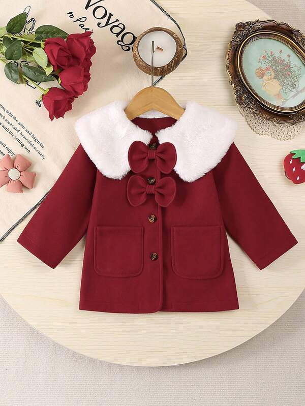 Cappottino invernale da bambina, versatile, dolce e carino, con colletto, fiocco, tasche e colore tinta unita