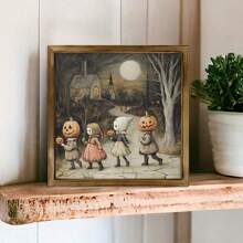 1PC Vintage Halloween Trick-Or-Treaters Print Framed Wood Sign, Halloween Wall Art, Adorable Vintage Halloween Art, Creepy Kids Art, Halloween Wall Decor,Room Decor Aesthetic, Home Decor, Posters For Room, Canvas Wall Art, Optional Frame, Wall Decor, Living Room Decor. Halloween Decor Fall Decor