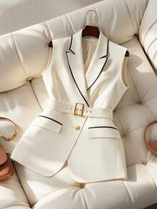 Women's Fashionable Versatile Elegant Commuter Contrast Color Ribbon Front Button Office Blazer - Rice - View 4