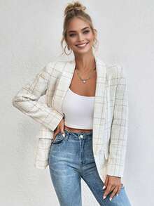 Elegant Tweed Open Front Blazer With Flap Pockets,Long Sleeve Plaid Lightweight Jacket For Work, Casual, And Office Outfits - White - View 1