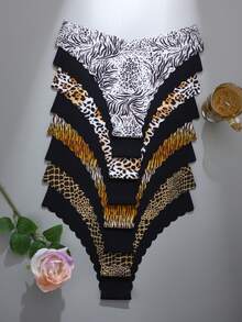 8pcs/Set Women's Seamless Leopard Print & Solid Color Wavy Trim Comfortable Smooth Fabric Triangle Panties - Multicolor - View 2