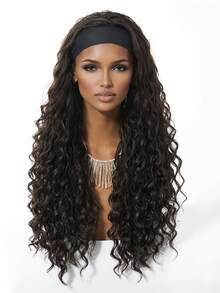 26 Inch Long Jerry Curly Brown And Gold Two-Color Headband Wig; Wigs For Women, Carnival; Kpop, K Pop; Y2k; Cosplay; Synthetic Woven Chemical Fiber Wig, Peluca; Fake Hair; Ideal For Holiday Travel Cosplay, Halloween, Christmas And Daily Wear; Dopamine Style; Quick Arrival - Black - View 2