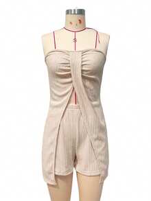 Women's Summer 2 Pieces Outfits Front Slit Strapless Sleeveless Tube Tops And Shorts Set For Casual Wear
