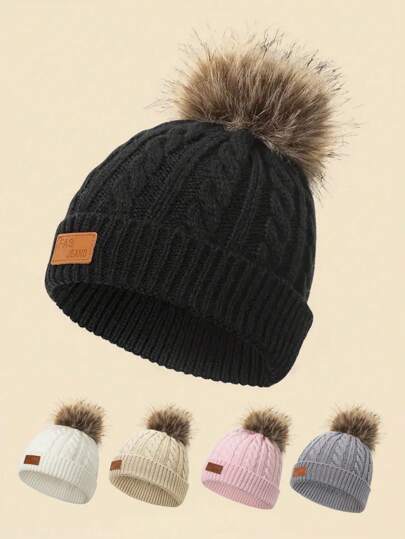 1 件纯色婴儿毛绒球帽，带 FAS JEANS 皮革标签，针织帽，用于日常保暖和防寒