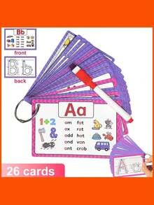 26pcs Letter Flashcards - Alphabet Phonics CVC Word Learning Cards + 2 Reusable Writing Pens, Drawing ABC Practice Cards, Educational Toys - Multicolor - View 3