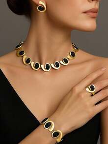 4 件套复古几何圆形拼接项链、手链、耳环、戒指首饰套装，经典黑色亚克力半圆形装饰，时尚优雅，适合女性，适合派对/聚会 - 金黃色+黑色 - 查看 13