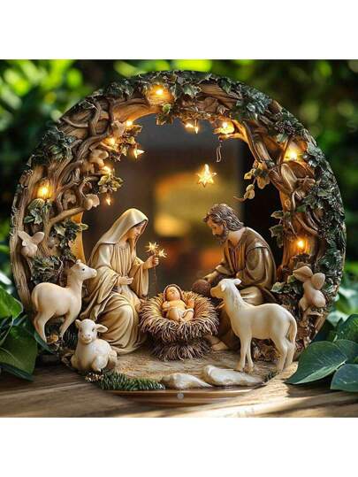 1 件，8x8 英寸圆形复古金属铁艺耶稣降生场景标牌，经典 2D 平面印刷，壁挂式装饰，适用于酒吧、厨房、咖啡、家庭、客厅、办公室、派对、圣诞礼物，无需电源家居装饰圣诞装饰房间装饰