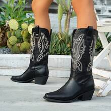 Western Style Embroidered Chunky Heel Mid-Calf Boots For Women, Vintage Boots For Outdoor Travel, Horseback Riding, Music Festivals, Fashion Essential - Black - View 3