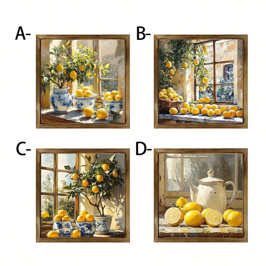 1 pièce Décoration murale de nature morte de style campagnard avec citrons - Décoration de cadre en bois rustique avec bocaux en porcelaine bleue et blanche, citrons brillants et scènes de fenêtre ensoleillée, parfait pour la maison, la cuisine, le bureau ou le garage, décoration saisonnière, décoration de cuisine au citron
