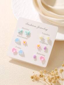 6/7 Pares de Brincos Conjunto Colorido de Borboleta, Coração, Flor, Nuvem, Melancia, Cereja, Pentagrama, Geométrico, Adequado para Amigos, Uso Diário